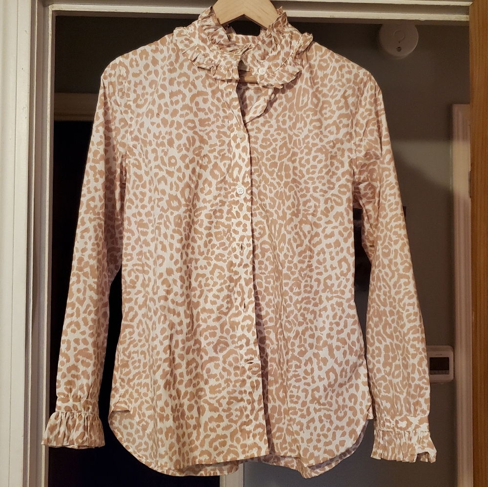 J.Crew cheetah print ruffle detail button down shirt, size 8